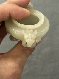 Two Chinese celadon jade censers, a snuff bottle and a two-handled cup, Ming and later