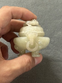 Two Chinese celadon jade censers, a snuff bottle and a two-handled cup, Ming and later