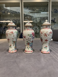 A Chinese famille rose 'birds' garniture with five vases, Qianlong
