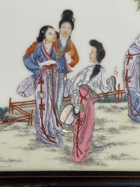 A Chinese famille rose plaque with ladies in a garden, Wang Xiaotang 汪曉棠 mark, 20th C.