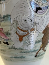 A Chinese famille rose vase with figural design, Qianlong mark, 19th C