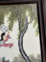 A Chinese famille rose plaque with ladies in a garden, Wang Xiaotang 汪曉棠 mark, 20th C.
