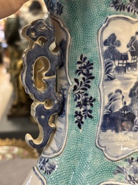 A pair of Chinese turquoise-ground blue and white vases depicting the Whampoa Pagoda and the Pearl River, Qianlong