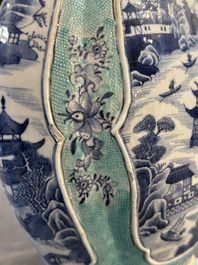 A pair of Chinese turquoise-ground blue and white vases depicting the Whampoa Pagoda and the Pearl River, Qianlong