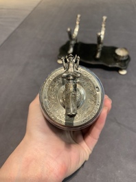A Dutch silver-mounted Chinese blue and white barrel, silver dated 1857, Kangxi