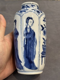 A pair of Chinese blue and white 'Long Eliza' vases and covers, jade mark, Kangxi