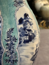 A pair of Chinese turquoise-ground blue and white vases depicting the Whampoa Pagoda and the Pearl River, Qianlong