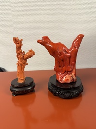 Two Chinese red coral sculptures of a chilong and a lady on wooden stand, 19/20th C.