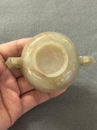 Two Chinese celadon jade censers, a snuff bottle and a two-handled cup, Ming and later