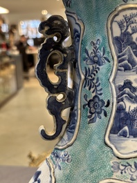 A pair of Chinese turquoise-ground blue and white vases depicting the Whampoa Pagoda and the Pearl River, Qianlong
