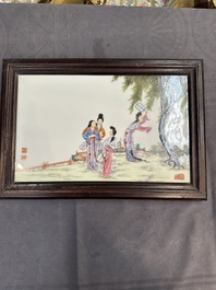 A Chinese famille rose plaque with ladies in a garden, Wang Xiaotang 汪曉棠 mark, 20th C.