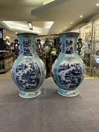 A pair of Chinese turquoise-ground blue and white vases depicting the Whampoa Pagoda and the Pearl River, Qianlong
