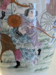 A Chinese famille rose vase with figural design, Qianlong mark, 19th C