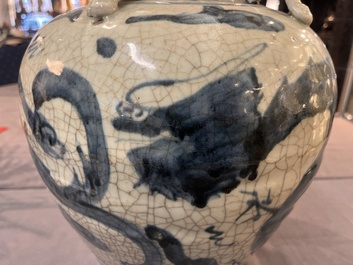 Two Chinese blue and white Swatow jars with dragons and flowers, Ming