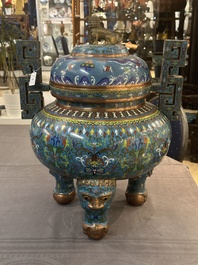 A large Chinese cloisonn&eacute; 'dragon' tripod censer and cover, Republic