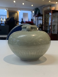 Two Chinese Longquan celadon jars with floral design, Ming