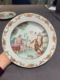 A pair of Chinese export famille rose 'The judgement of Paris' plates, Qianlong