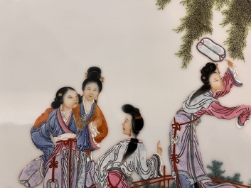 A Chinese famille rose plaque with ladies in a garden, Wang Xiaotang 汪曉棠 mark, 20th C.