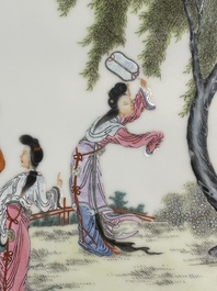 A Chinese famille rose plaque with ladies in a garden, Wang Xiaotang 汪曉棠 mark, 20th C.