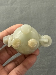 Two Chinese celadon jade censers, a snuff bottle and a two-handled cup, Ming and later