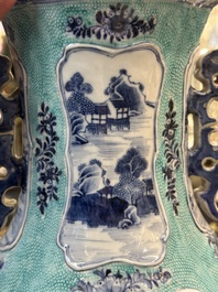 A pair of Chinese turquoise-ground blue and white vases depicting the Whampoa Pagoda and the Pearl River, Qianlong