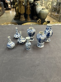 Seven Chinese miniature blue and white vases, Kangxi and later
