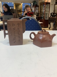 Two Chinese Yixing stoneware teapots with inscriptions, Chen Mingyuan 陳鳴遠 mark, 19th C.