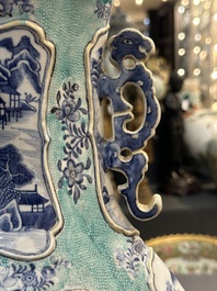 A pair of Chinese turquoise-ground blue and white vases depicting the Whampoa Pagoda and the Pearl River, Qianlong