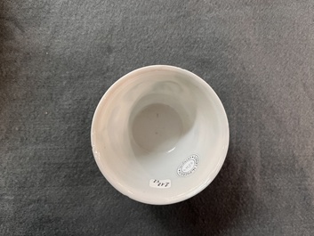 A Chinese famille verte ovoid tea caddy with floral design and a cup with figural design, Kangxi