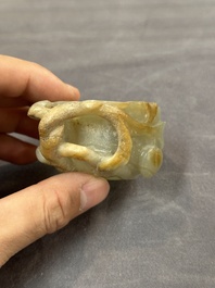 A Chinese jade peach-shaped brush washer on wooden stand, 19th C.