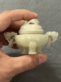 Two Chinese celadon jade censers, a snuff bottle and a two-handled cup, Ming and later
