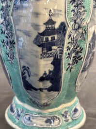 A pair of Chinese turquoise-ground blue and white vases depicting the Whampoa Pagoda and the Pearl River, Qianlong