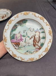 A pair of Chinese export famille rose 'The judgement of Paris' plates, Qianlong