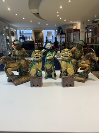 A pair of Chinese sancai-glazed rooftiles, a pair of Buddhist lions and a warrior, Ming and later