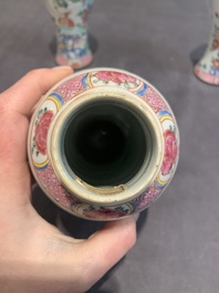 A Chinese famille rose 'birds' garniture with five vases, Qianlong