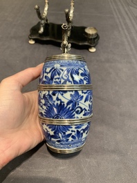 A Dutch silver-mounted Chinese blue and white barrel, silver dated 1857, Kangxi