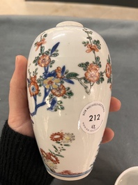 A Chinese famille verte ovoid tea caddy with floral design and a cup with figural design, Kangxi
