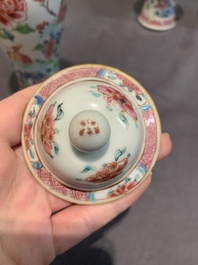 A Chinese famille rose 'birds' garniture with five vases, Qianlong