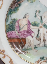 A pair of Chinese export famille rose 'The judgement of Paris' plates, Qianlong