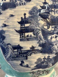 A pair of Chinese turquoise-ground blue and white vases depicting the Whampoa Pagoda and the Pearl River, Qianlong