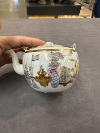 Two Chinese famille rose teapots and a covered cup, including Wu Shuang Pu, signed Tao Yu Xuan陶玉軒, Wan Yu mark, dated 1912 and 19/20th C.