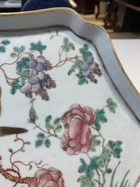 A fine Chinese flower-shaped famille rose 'magpies and flowers' tray, 19th C.