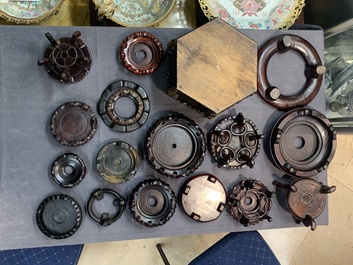 A large collection of 103 Chinese wooden stands, covers and other wood works, 19/20th C.