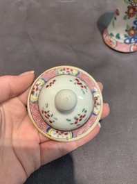 A Chinese famille rose 'birds' garniture with five vases, Qianlong