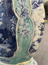 A pair of Chinese turquoise-ground blue and white vases depicting the Whampoa Pagoda and the Pearl River, Qianlong