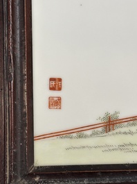 A Chinese famille rose plaque with ladies in a garden, Wang Xiaotang 汪曉棠 mark, 20th C.