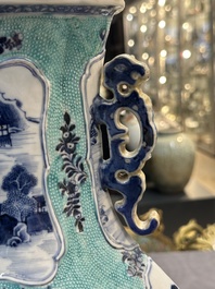 A pair of Chinese turquoise-ground blue and white vases depicting the Whampoa Pagoda and the Pearl River, Qianlong