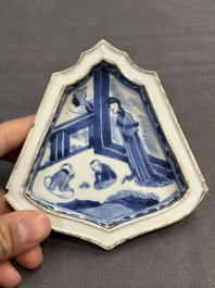 A fine Chinese blue and white sweetmeat set with figural design, Kangxi