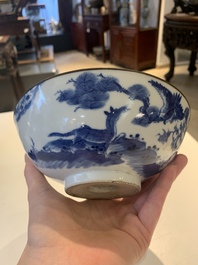 A Chinese blue and white 'Bleu de Hue' 'roosters and chick' plaque in a carved wooden screen and a bowl, 19th C.