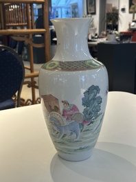 A Chinese famille rose vase with figural design, Qianlong mark, 19th C